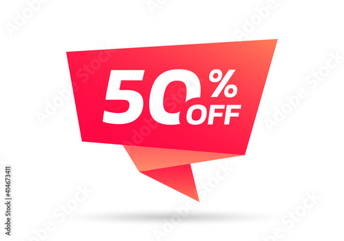 50% sale or discount tag, sticker or origami label. 50 percent price off badge. Promotion, ad banner, promo coupon design element. Vector illustration.