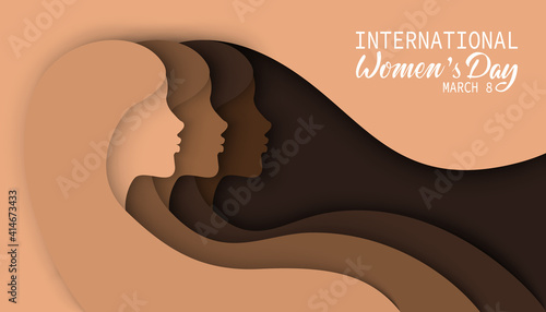 Women's Day card with three women silhouettes of different ethnicities, races and cultures. Women's friendship, union of feminists or sisterhood, community. Female solidarity, empowerment movement.