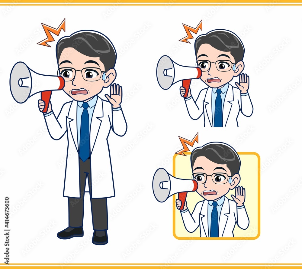 拡声器を持ってお知らせしている医者