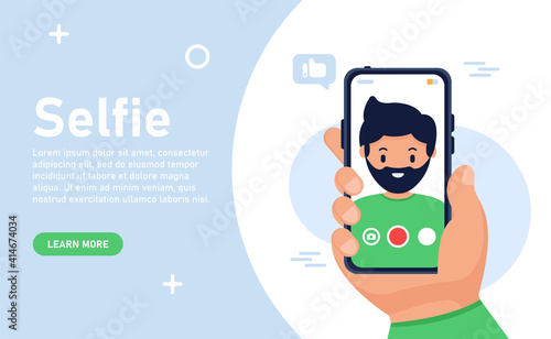 Web banner concept. Man taking selfie photo on smartphone. Male face portrait on smartphone screen. Vector flat illustration. Selfie video of man, posing self-portrait, smartphone in hand.