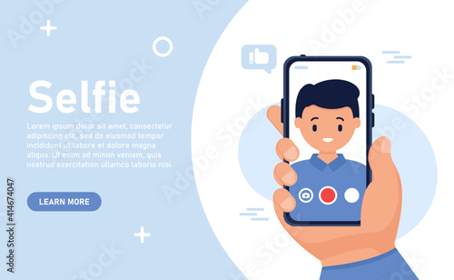 Web banner concept. Man taking selfie photo on smartphone. Male face portrait on smartphone screen. Vector flat illustration. Selfie video of man, posing self-portrait, smartphone in hand.