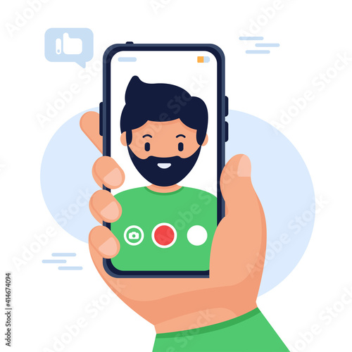 Man taking selfie photo on smartphone. Male face portrait on smartphone screen. Vector flat illustration. Selfie video of man, photographing young guy, posing self-portrait, smartphone in hand.