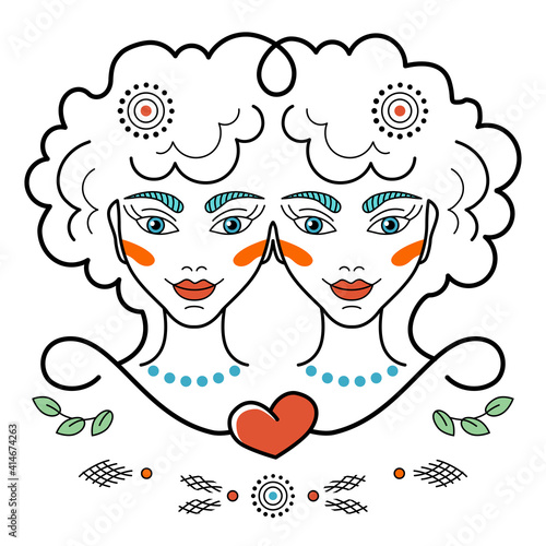 Gemini zodiac sign Constellations on White background, logo, tattoo, vector illustration. Twin Girls power, two faces with lines fantasy ornament, in fairy style