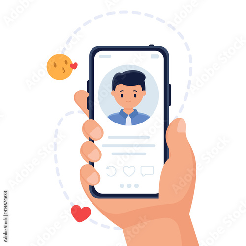 Online dating vector concept. Dating app. Hand holds smartphone with profile of a man. Social networking concept. Young people are looking for a couple. Man and woman chatting on the Internet.