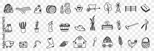 Farming tools and equipment doodle set. Collection of hand drawn tractor hay farm animals house basket harvesting sheep plants watering can shovel boots for farming isolated on transparent background