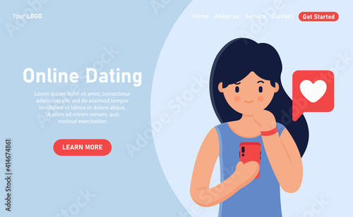 Vector web banner concept. The girl is looking for a couple on the Internet. Internet dating. The concept of social networks, virtual communication of relations. Flat style. App for dating service.