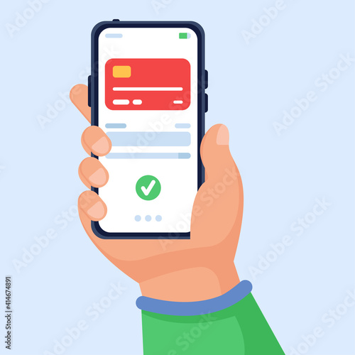 Vector illustration concept for online payment. The hand holds a smartphone on which the application with payment is open. Successful money transfer. Can be used for websites and mobile applications.