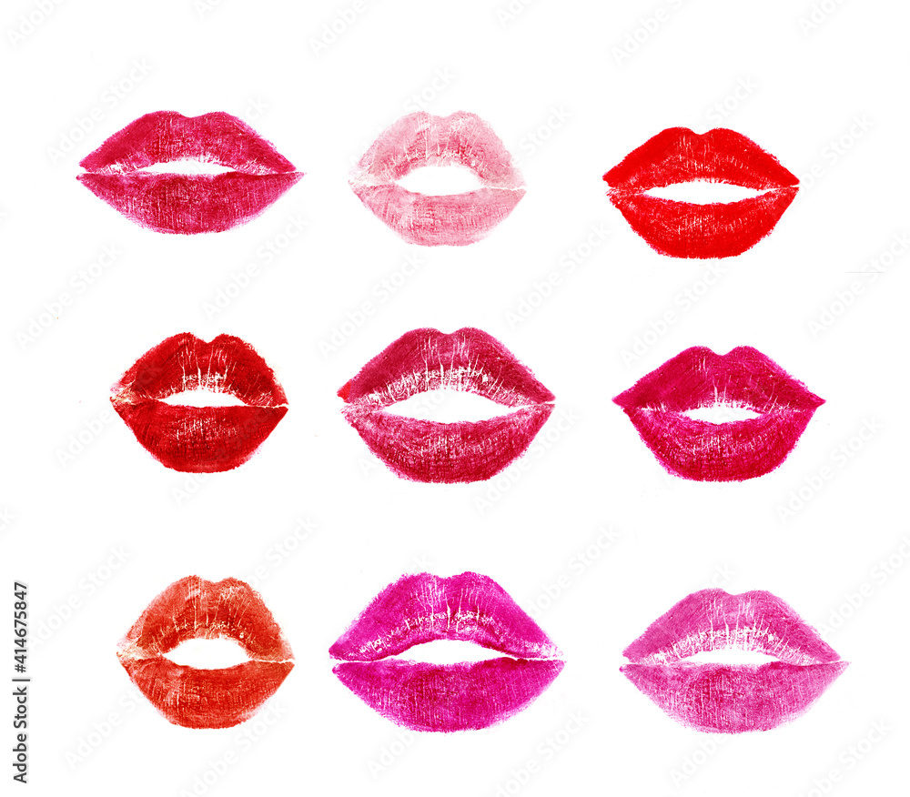 Obraz premium Different lipstick prints of lips on white background