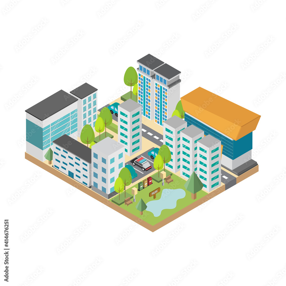 Cityscape with traffic and park isometric. Landscape icon. Vector illustration.
