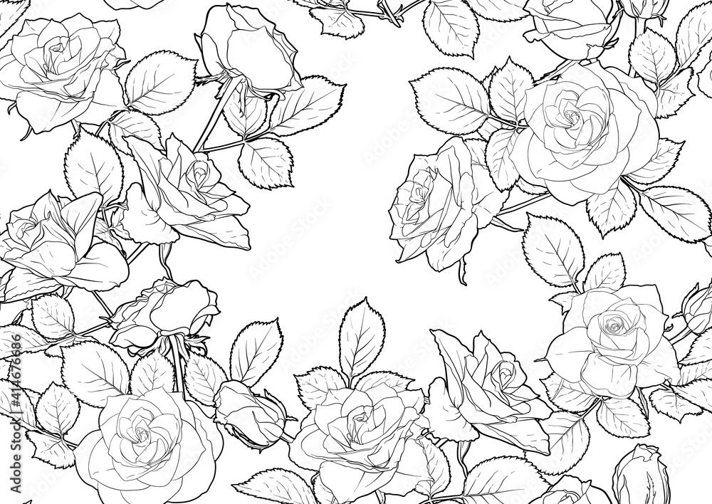 Seamless pattern with roses flowers. Outline vector illustration. In black and white, isolated on white background. Seamless pattern with roses flowers. Outline vector illustration. In black and white, isolated on white background.