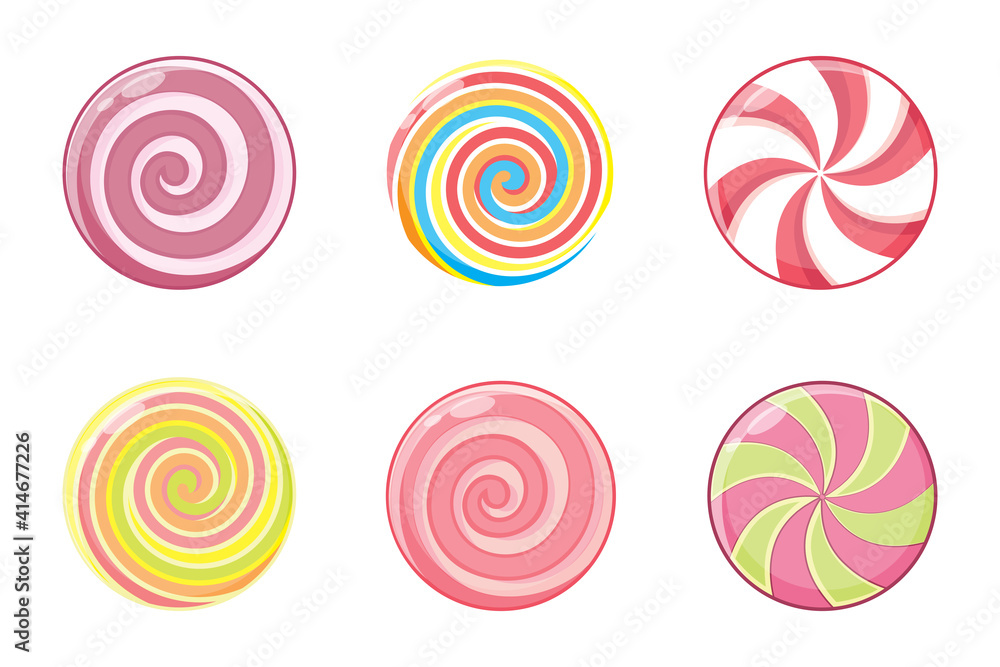 Christmas round candy set. Mint striped sweets without wrapper. Vector illustration isolated on white background Christmas round candy set. Mint striped sweets without wrapper. Vector illustration isolated on white background