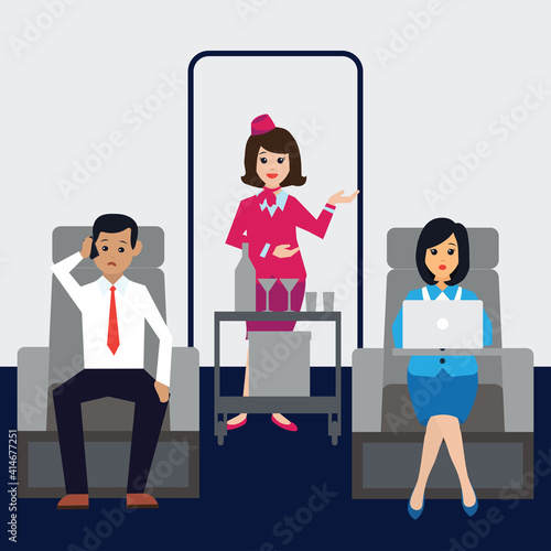 flight attendants on airplane business class cabin with passengers doing work on airplane business class cabin. vector illustration