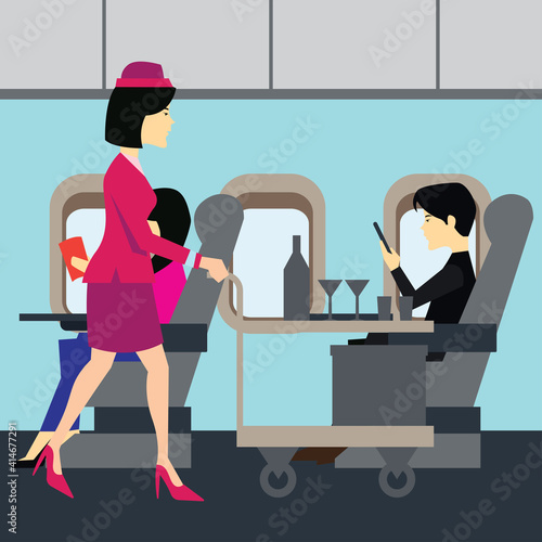 flight attendants on airplane business class cabin with passengers doing work on airplane business class cabin. vector illustration