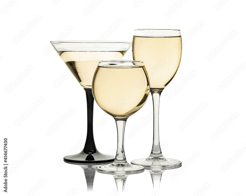 Liquid in wine and cocktail glasses isolated on white background Liquid in wine and cocktail glasses isolated on white background