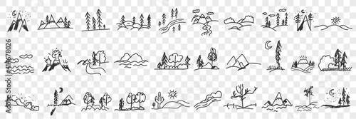 Nature landscapes and scenics doodle set. Collection of hand drawn landscapes of trees forests mountains valleys beach and seascape in silhouettes isolated on transparent background