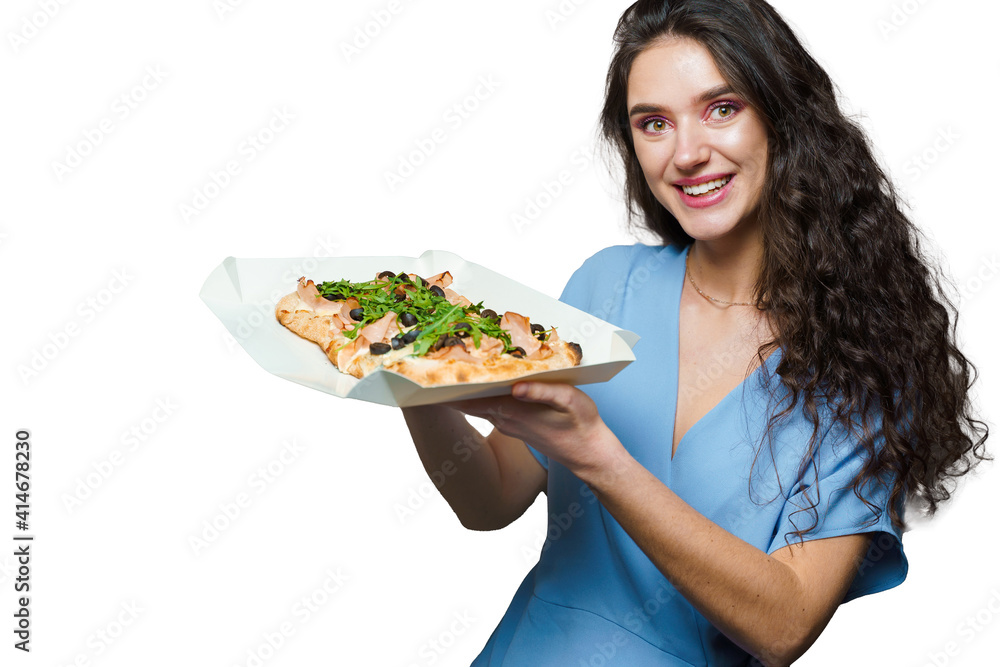 Girl courier with pinsa romana and scrocchiarella gourmet italian cuisine on white background. Holding traditional dish. Food delivery from pizzeria. Pinsa with meat, arugula, olives, cheese. Girl courier with pinsa romana and scrocchiarella gourmet italian cuisine on white background. Holding traditional dish. Food delivery from pizzeria. Pinsa with meat, arugula, olives, cheese.