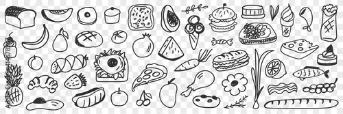 Fresh ingredients and foods doodle set. Collection of hand drawn pizza bread fruits vegetables ice cream sandwich cupcakes desserts sausage for healthy eating isolated on transparent background