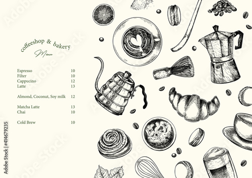 Coffeeshop and bakery set. Hand drawn coffee, matcha, croissant, macaron, kettle, mug, chasen, beans, food, barista equipment. Vector engraved composition. Restaurant branding template, menu design.