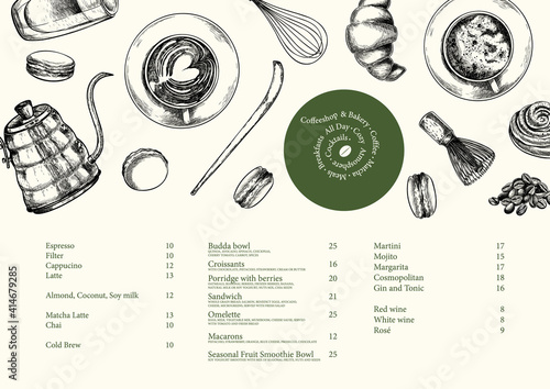 Coffeeshop and bakery set. Hand drawn coffee, matcha, croissant, macaron, kettle, mug, chasen, beans, food, barista equipment. Vector engraved composition. Restaurant branding template, menu design.