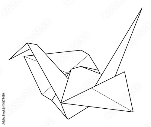 Black contour origami paper crane on white background. Vector line illustration of traditional japanese craft figure.