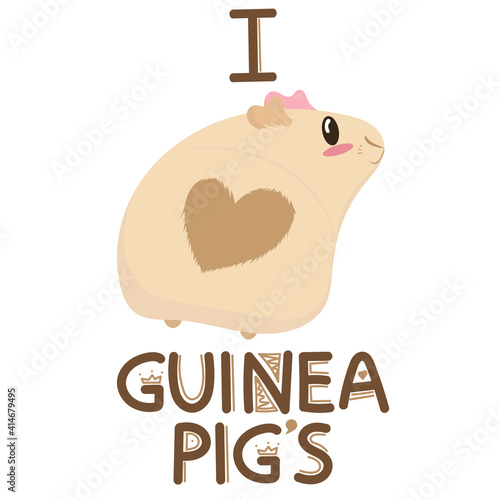 cute light beige guinea pig with a heart on the bottom and pink ears, i love guinea pigs, cute pet rodent, vector illustration