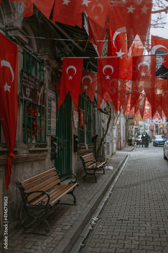 Istanbul, Turkey - 03 February 2021: turkish flags on the street