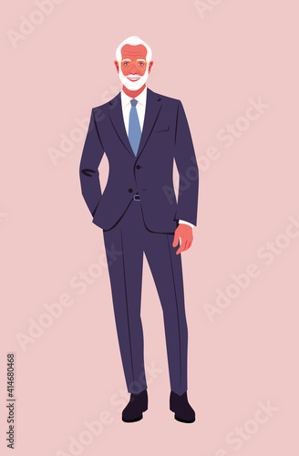 An elderly confident man wearing in a business suit stands at full height. A stylish grandfather is smiling. Happy old age. Vector flat illustration
