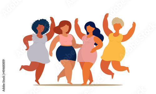Fat plump happy girls, female in summer dress dancing, enjoying the lifestyle. The concept of a day without diets, body positivity, women's day, spring, mood, self-acceptance with excess weight