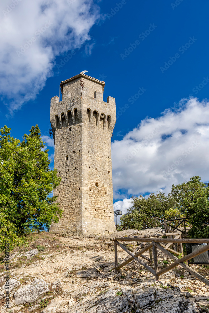 Beautiful vertical view of Montale, or Terza Torre, one of the towers of the city of San Marino Beautiful vertical view of Montale, or Terza Torre, one of the towers of the city of San Marino