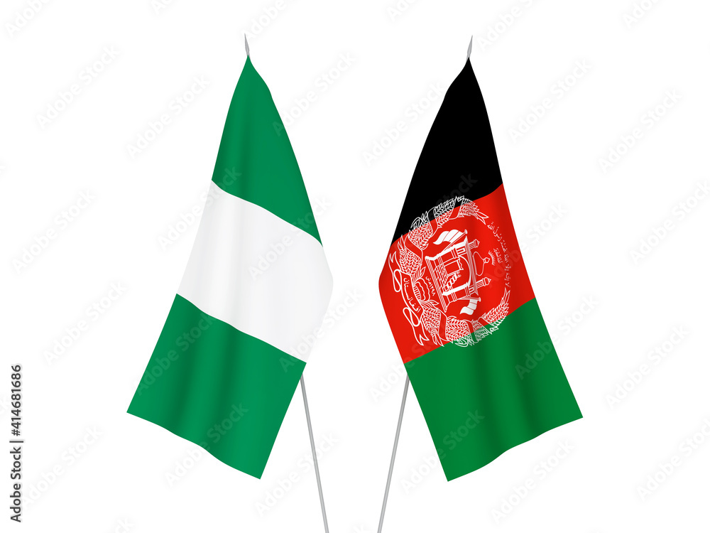 National fabric flags of Nigeria and Islamic Republic of Afghanistan isolated on white background. 3d rendering illustration. National fabric flags of Nigeria and Islamic Republic of Afghanistan isolated on white background. 3d rendering illustration.