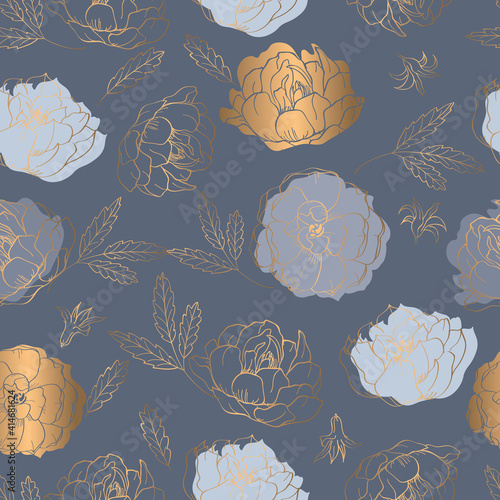 Modern seamless pattern with grey and gold spring flowers. Grey floral background for textile, fabric manufacturing, wallpaper, covers, surface, print, gift wrap, scrapbooking. Vector.