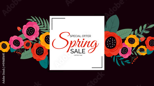 Promotion offer, card for spring sale season with spring plants, leaves and flowers decoration. Vector Illustration EPS10