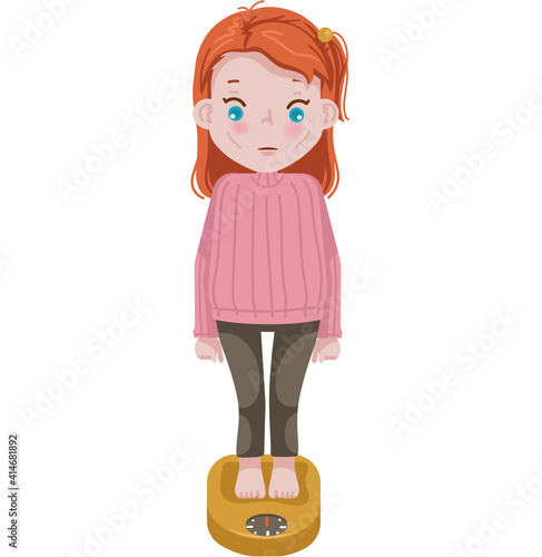 Weight loss children. little girl use weight scale. kid vector.