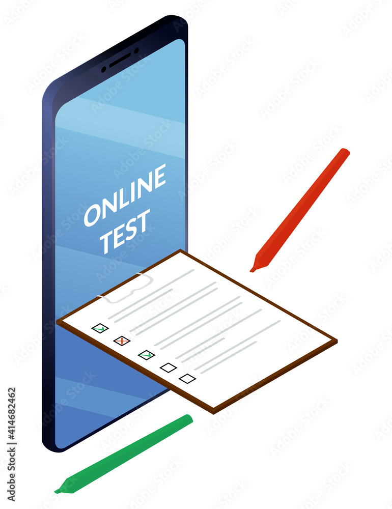 Online surveys or exam form. Checklist from smartphone screen and pencils. Isolated vector isometric illustration. Online surveys or exam form. Checklist from smartphone screen and pencils. Isolated vector isometric illustration.