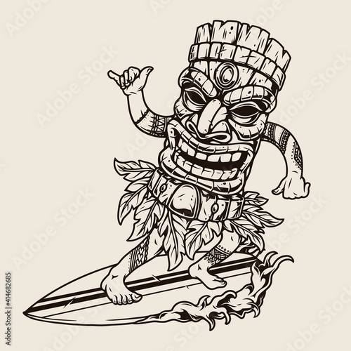 Man in hawaiian tiki mask surfing wave