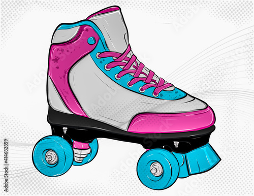 roller skates on white background, cartoon pink blue roller skates on abstract background