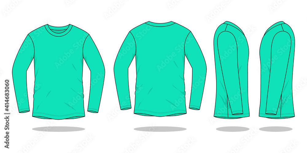 Blank Turquoise Long Sleeve T-Shirt Vector For Template.Front, Back and  Side View. Stock Vector | Adobe Stock