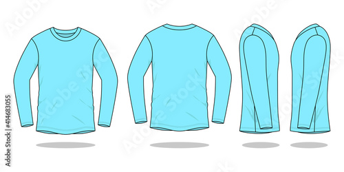 Blank Light Blue Long Sleeve T-Shirt Vector For Template.Front, Back and Side View.