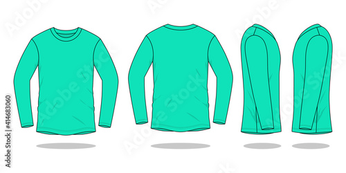 Blank Turquoise Long Sleeve T-Shirt Template on White Background. Front, Back, and Side Views, Vector File.