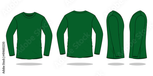 Blank Green Long Sleeve T-Shirt For Template on White Background. Front, Back, and Side View, Vector File