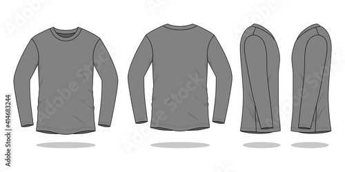 Blank Gray Long Sleeve T-Shirt Vector For Template.Front, Back and Side View.