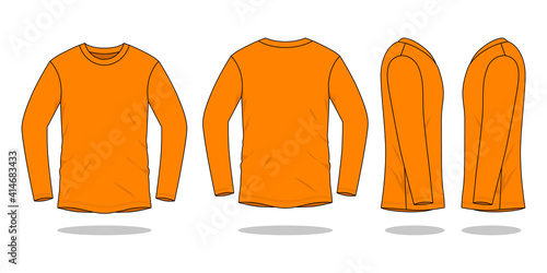 Blank Orange Long Sleeve T-Shirt Template on White Background. Front, Back, and Side Views, Vector File.
