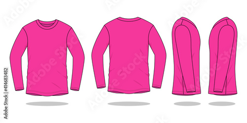Blank Pink Long Sleeve T-Shirt Vector For Template.Front, Back and Side View.