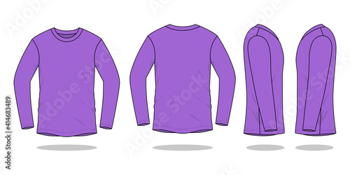 Blank Purple Long Sleeve T-Shirt For Template on White Background. Front, Back, and Side View, Vector File