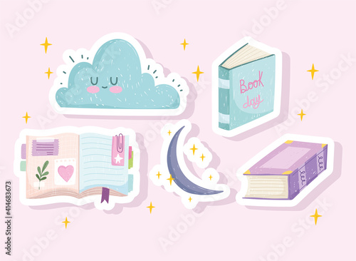 set book, icon textbooks moon and cloud cartoon cute