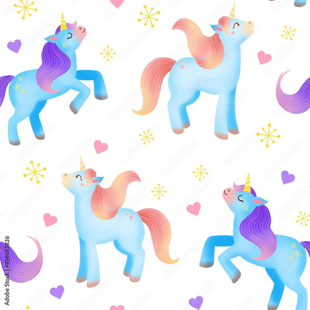 Blue unicorn with hearts seamless pattern isolated on white. Cute illustration for kids. Fantasy animals for wrapping paper, wallpaper, textile, fabric, print.