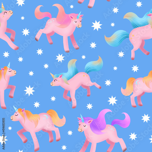 Pink Unicorns seamless pattern on blue background. Cute illustration for kids. Fantasy animals for wrapping paper  wallpaper  textile  fabric  print.