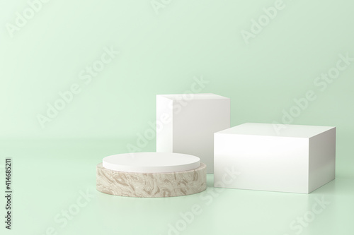 Concrete and white cylinder and cube shaped stand or pedestal for products. 3D rendering