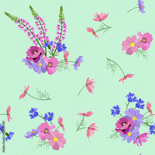 Seamless vector illustration with kosmeya flowers  lupine  poppy and cornflowers in a light background.