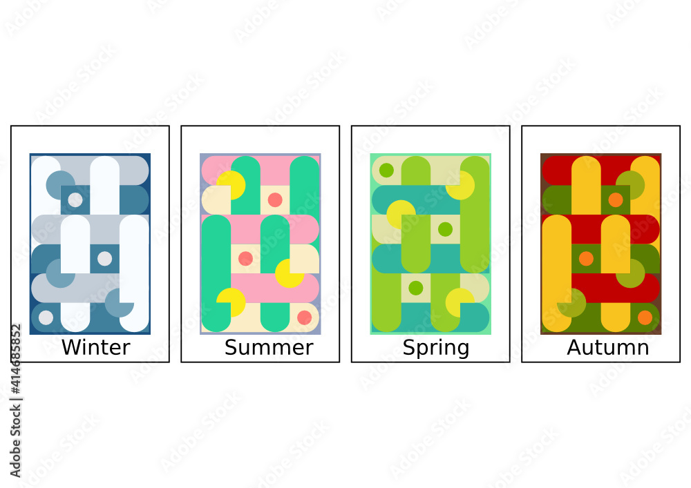 Fototapeta premium Set of minimalistic posters for winter, spring, summer and autumn. Abstract vector illustration of four seasons. For social media, web pages, banner, poster, print materials.